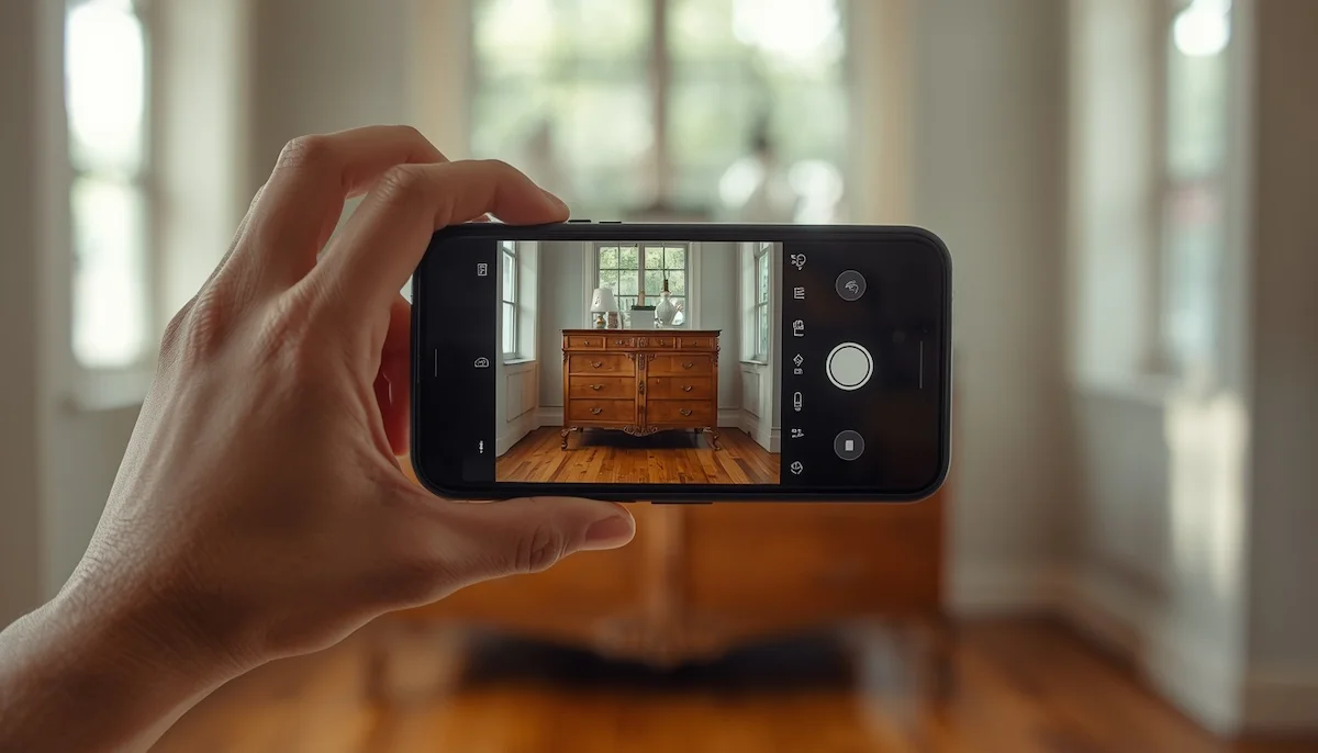 Mano con smartphone fotografiando un mueble