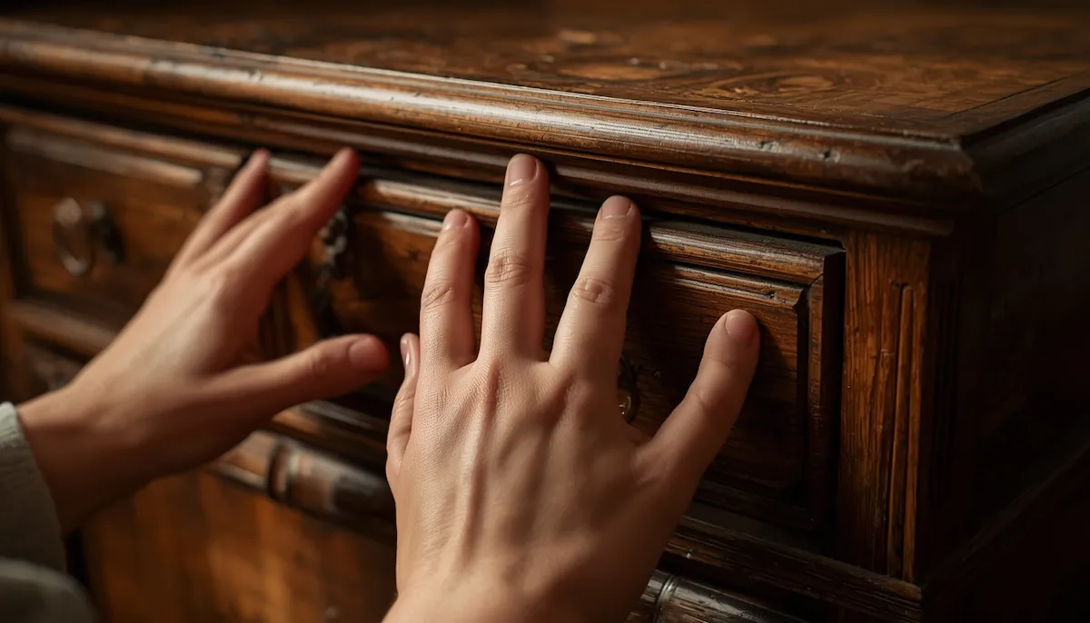 Manos inspeccionando un mueble antiguo de cerca
